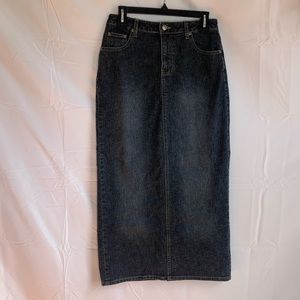 Vintage y2k 90s No Boundaries Dark Wash Stretch Denim Maxi Skirt Back Slit